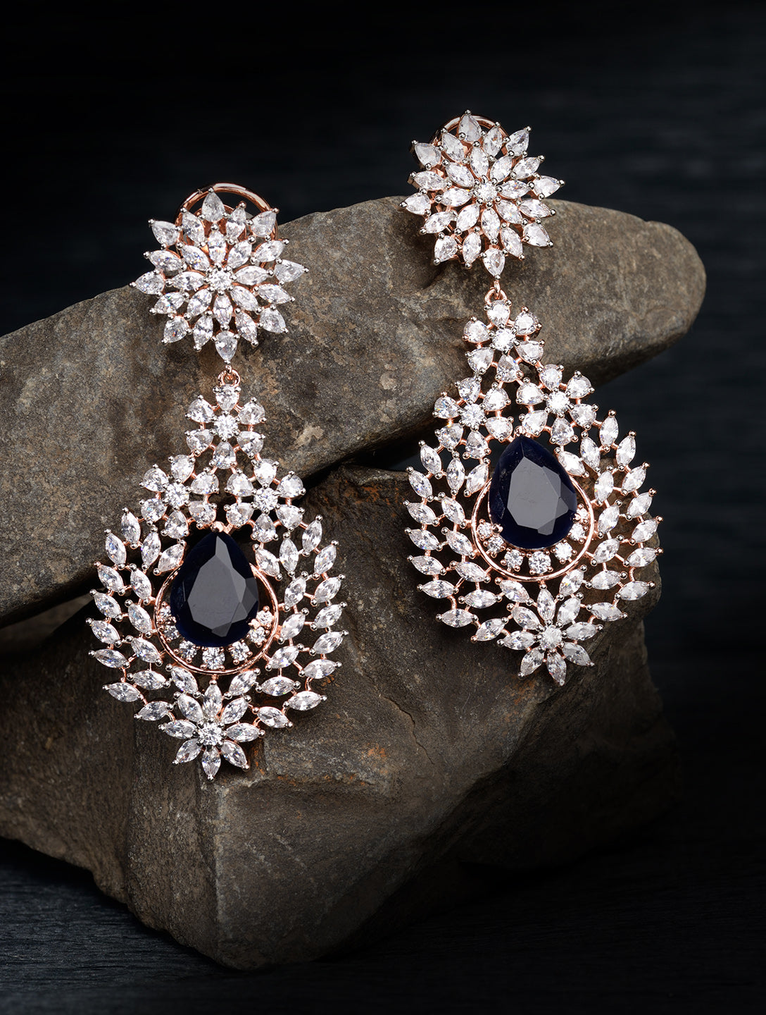 Rose Gold Plated Blue AD studded Drop Earrings, zaveri pearls, sale price rs, sale price, sale gold plated, sale gold, sale, rubans, ring, regular price, priyassi jewellery, kushal's - Saraf